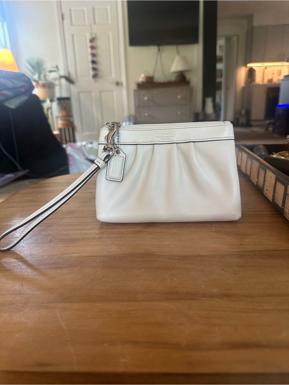 Coach Cream soft Leather pleated Wristlet Clutch markings bottom front as shown